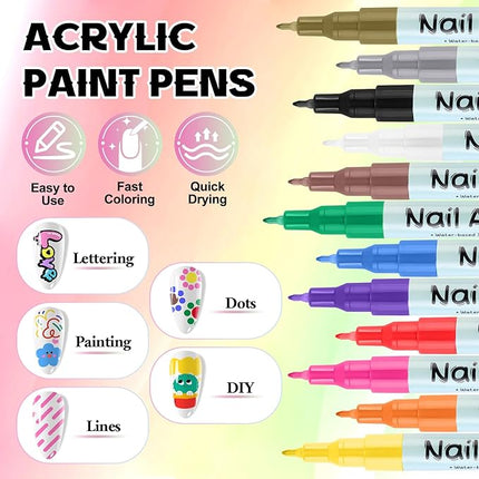 Kalolary 12 Color 3D Nail Art Pens Set, 0.5MM Fine Tip Nail Polish Pens Acrylic Paint Pen Nail Art Markers Quick-Drying Nail Art Tools for Dotting Drawing Painting DIY Nail Art Beauty Manicure(C)