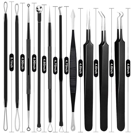 Pimple Popper Tool Kit - Boxoyx 10 Pcs Blackhead Remover Comedone Extractor Kit with Box for Quick and Easy Removal of Pimples, Blackheads, Zit Removing, Forehead,Facial and Nose (Black)