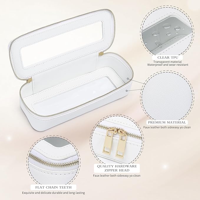 Pinkmik Makeup Brush Case Clear Travel Cosmetic & Toiletry Bag Small Makeup Bag with Zipper Purse Organizer Car Essential Bag for Women (White, SLIM)