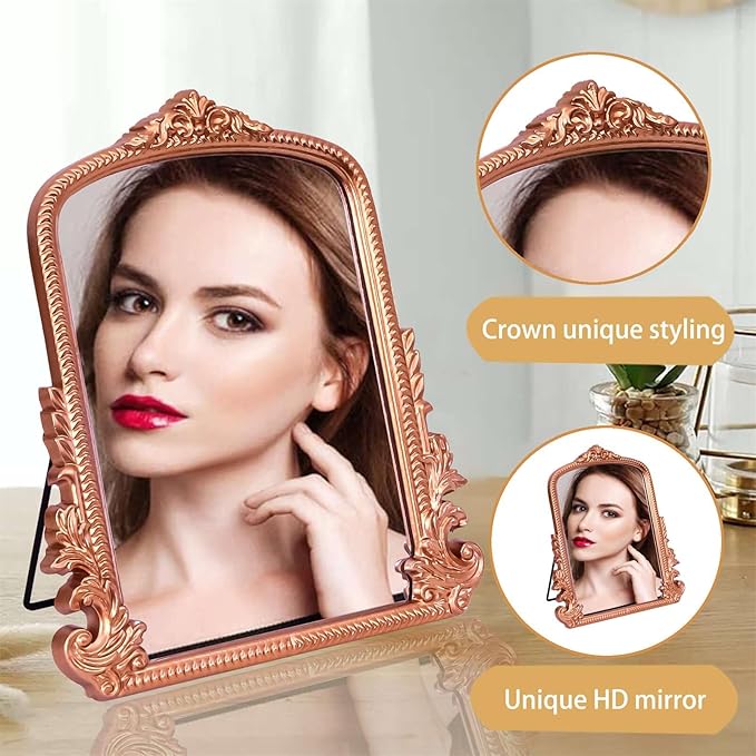 Rose Gold Makeup Mirror, Small Standing Vanity Desk Mirror Decorative Ornate Arched Desk Mirror with Carved Wood Frame, for Bedrooms,Living Rooms Table Top and Salon 11.8" x 9.6"
