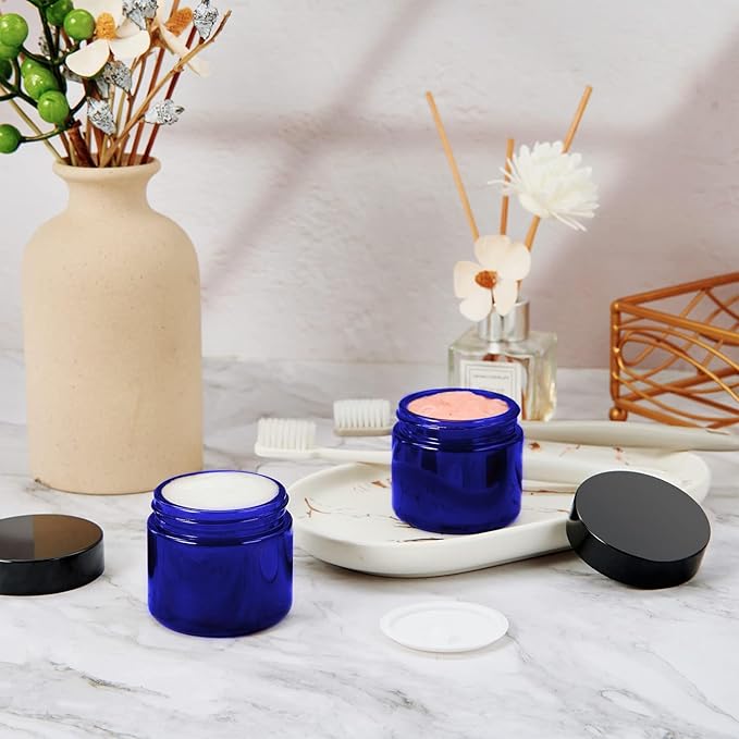 2 Oz Blue Round Glass Jars with Inner Liners and Black Lids(12PCS) Empty Cream Containers Refillable Cosmetic Vials for Cosmetics, Lotions, Ointment, Body Scrubs & Balms