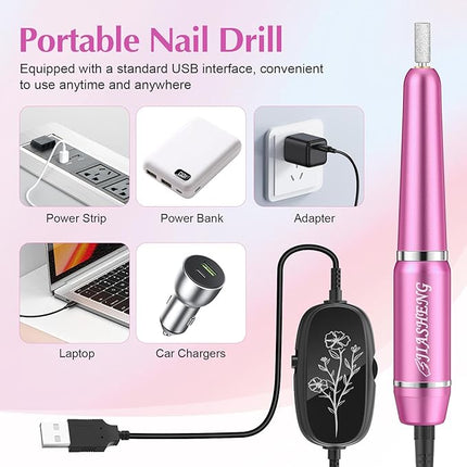 JIASHENG USB Electric Nail Drill, Portable File for Acrylic Gel Nails, Professional Manicure and Pedicure Kit With Drill Bits for Home and Salon Use, Rose Red
