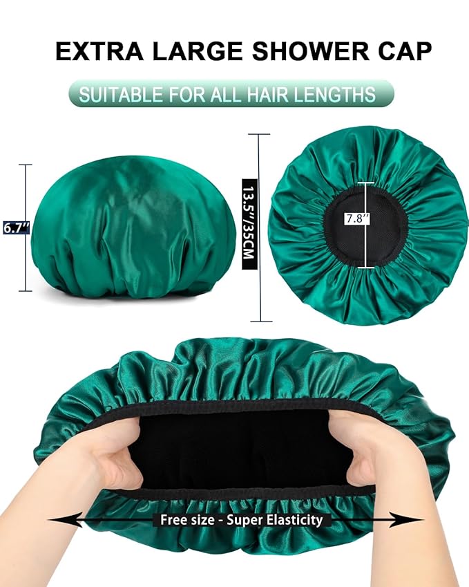 YIZIJIZI Triple Layer Reusable Waterproof Shower Cap for Women Large Terry Lined Hair Cap for Long Thick Hair Travel Bath Care Blackish Green