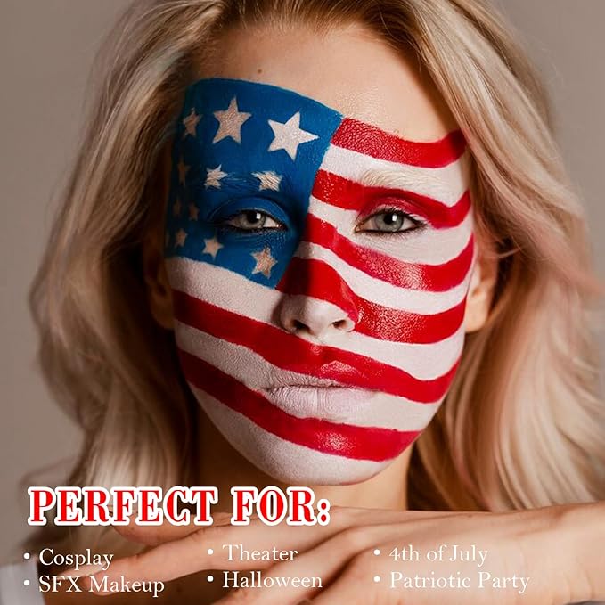 Red White Blue Face Paint Kit,4th of July USA Patriotic 1.01oz/pc Water Based Body Paint with sponges,Halloween Face Painting for Joker Clown Devil Costume Makeup