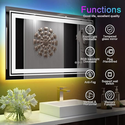 LED Mirror for Bathroom, 48"X40" with 8 RGB Backlit +3 Front Lit (Adjustable Individually), Anti-Fog, Large Lighted Bathroom Vanity Mirror for Wall,Shatterproof,Memory Function,Tempered Glass