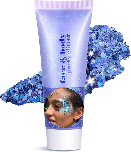 Body Glitter Gel - Sparkly Chunky Glitter Hair for Kids Women, Iridescent Glitter Freckles, Halloween Christmas Singer Concert Festival Rave Accessories (Blue Body Glitter)