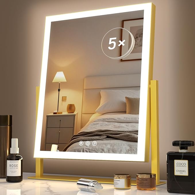 Lighted Makeup Mirror, Hollywood Vanity Mirror with Lights, Three Color Modes，Detachable 10X Magnification Mirror, Smart Touch Control, 360°Rotation (15.2in)