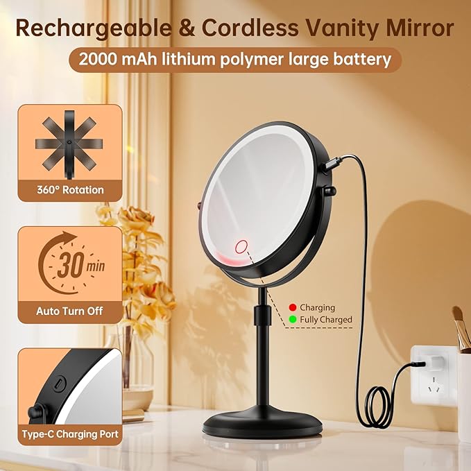 Gospire 7" Lighted Makeup Mirror with Magnification 10X/1X, Height Adjustable & 3 Color Dimmable Lights, 360° Swivel Double Sided Light up Rechargeable LED Cosmetic Vanity Cordless Standing