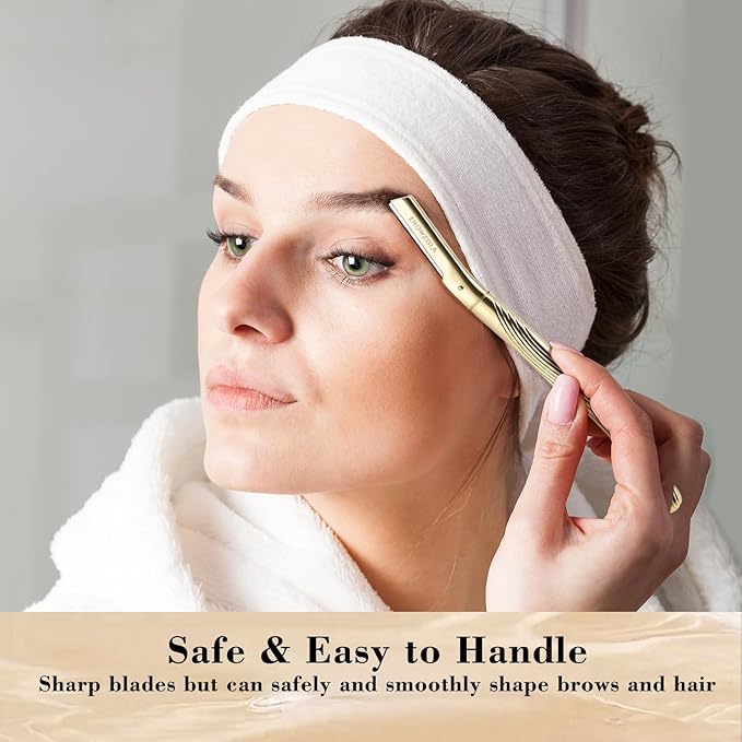 Eyebrow Razor, Face Razors for Women and Men, Reusable Metal Handle with 6 Refill Blades, Eyebrow Trimmer with Precision Cover, Dermaplane Razor, Skin Care Tool - Gold