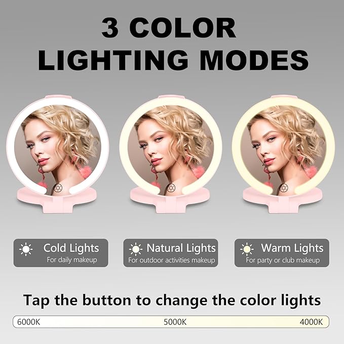 6.3 Inch Folding Rechargeable Double Sided Makeup Mirror with Lights,Travel Portable Magnifying (10x 1x),Magnifying Mirror with Light for Myopia and Makeup Fanatics