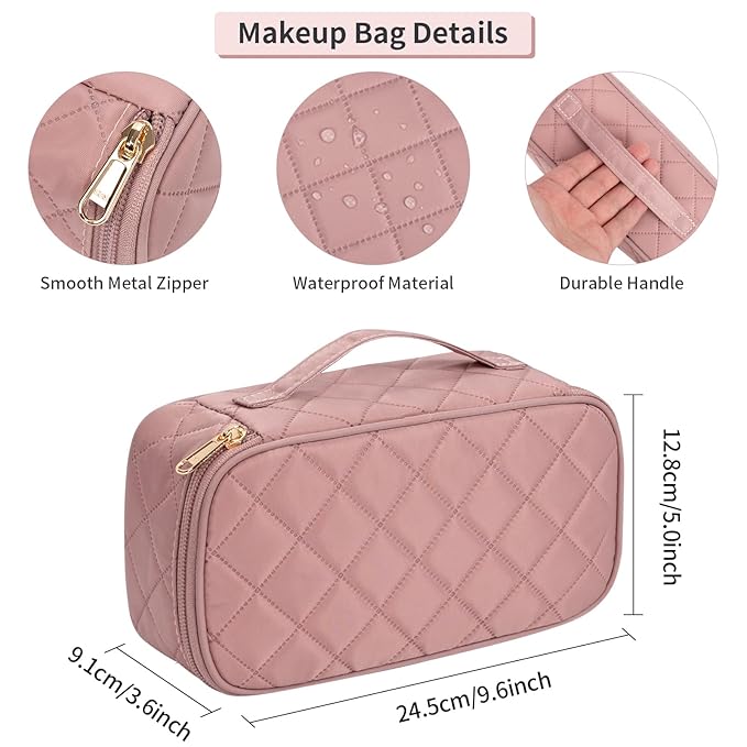 OCHEAL Small Makeup Bag,Portable Cute Travel Makeup Bag Pouch for Women Girls Makeup Brush Organizer Cosmetics Bags with Compartment-Rhombus Pink