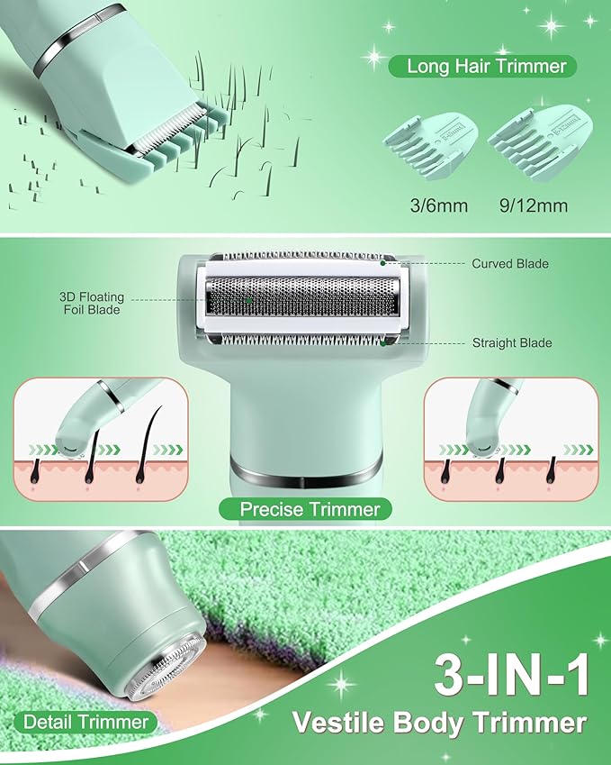 Electric Shaver for Women,3-in-1 Bikini Trimmer for Women & Body Shaver, IPX7 Waterproof,Hypoallergenic Ceramic Blades,USB-C Fast Charging,Travel Trimmer for Face, Legs,Bikini Line & Foil,Green
