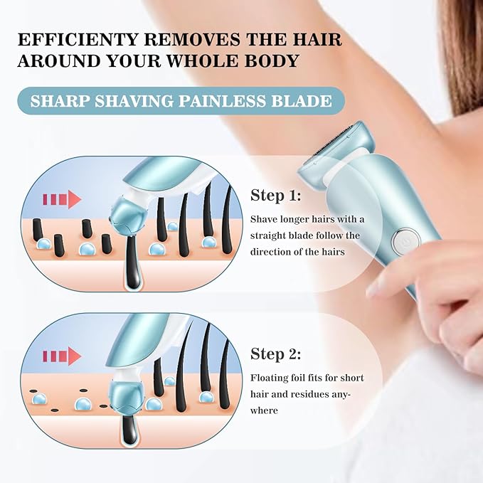 Electric Razors for Women, Bikini Trimmer Wet & Dry Use, Painless Pubic Hair Trimmer, Rechargeable Electric Shaver for Legs, Face, Pubic Hair, Underarms with Detachable Head, Blue