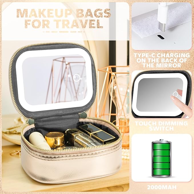Small Makeup Bag with Led Mirror, Mini Travel Make up Bag 3 Light Modes Adjustable Brightness, for Women Organizer Cosmetic Bag, Portable Travel Train Toiletry Bag, for Pool Parties Work Touch-Ups