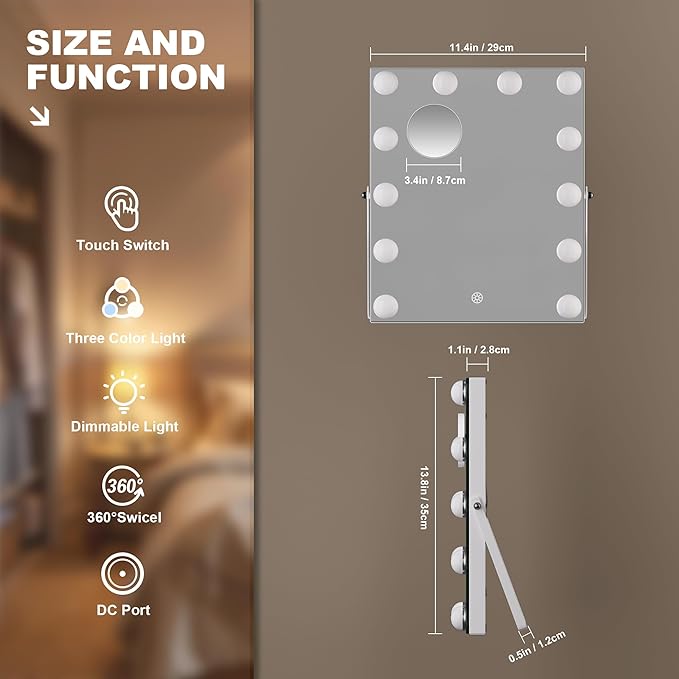 MINISO Vanity Mirror with Lights - 12" x 14" Hollywood Makeup Mirror with Adjustable Brightness,3 Modes Light, 360°Rotation