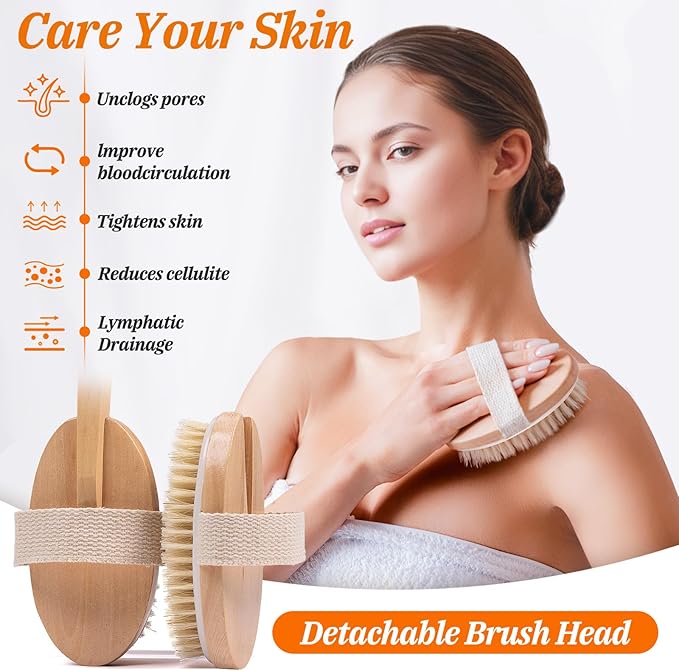 Wood Body Brush Set,20.6’’ Long Handle Bath Body Back Scrubber Soft & Stiff Bristles Detachable 2 Brush Heads Gentle Exfoliator Remove for Wet & Dry Use
