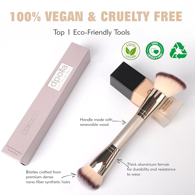 Dual-Ended Foundation Brush: Round & Angled Pro-Grade makeup brushes, 100% Vegan Synthetic Makeup Brush for Flawless Blending and Application of Liquid, Powder, Cream, Blush