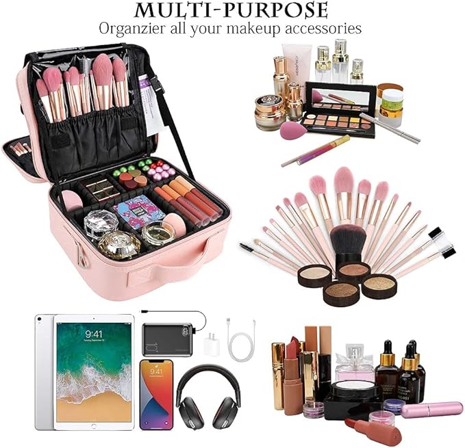 PU Leather Travel Makeup Bag, Portable Makeup Organizer Case Makeup Train Case with Adjustable Dividers and Shoulder Strap Make up Bags (with Mirror Pink)