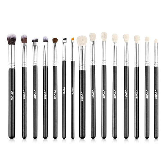 VEVOR 15-Piece Makeup Brush Set for Foundation Blending Eyeshadow, Professional Vegan Brushes with Soft Synthetic Bristles, Ergonomic Wood Handle & Aluminum Ferrule, Portable and Travel-Friendly
