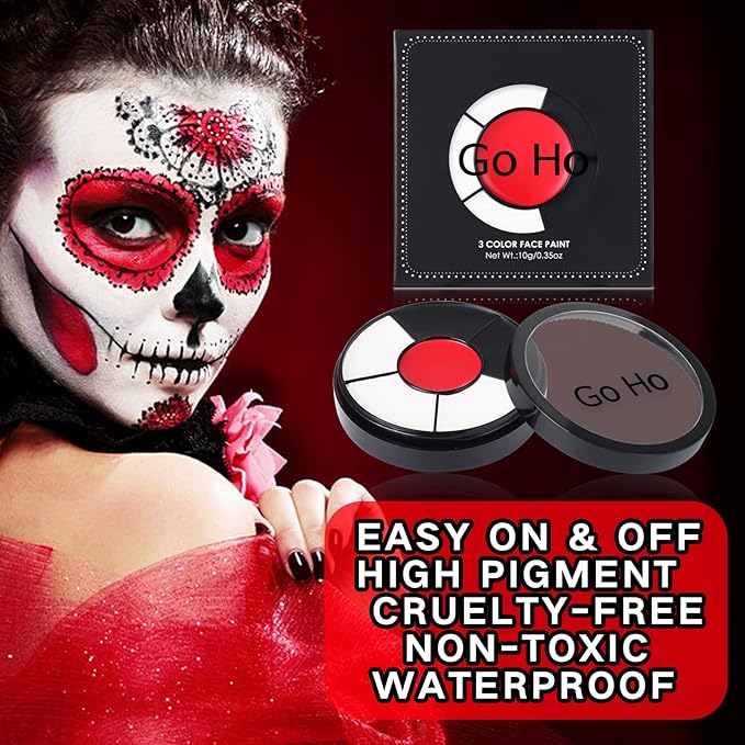 Go Ho Makeup Clown White Black Red Face Paint,3 IN 1 Colors Wheel for Clown Makeup Special Effects,Zombie Vampire Skeleton for Halloween Costume and Body Paint