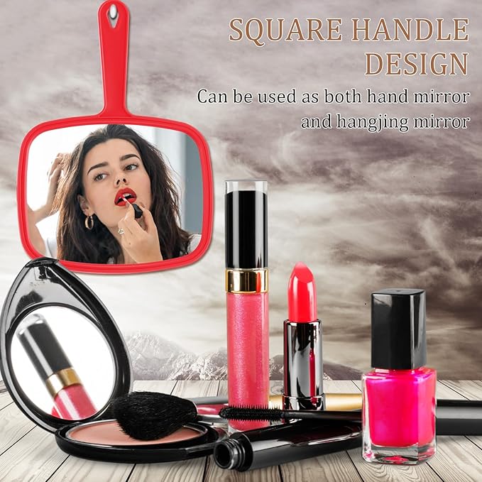 Geetery 12 Pcs Hand Held Mirrors with Handles Hand Makeup Mirrors Bulk Wall Mount for Women Cosmetic Bathroom Home Barber Salon Travel Portable Beauty School Gift, 6.69 x 9.45 Inch (Red)