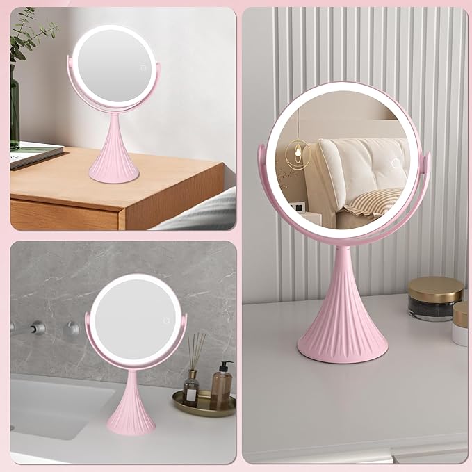 Makeup Mirror with Lights, 1X/10X LED Magnifying Vanity Mirror, HD Lighted Mirror for Desk, 3 Color Lights Adjustable Brightness, 360° Rotation 2-Sided 7.6" Dorm Room Mirror, Women Birthday Gifts