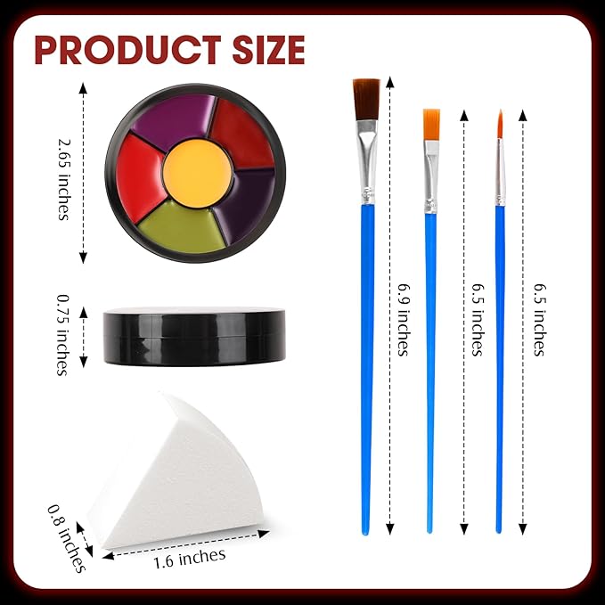 6 Colors Halloween Face & Body Paint + 6pc Sponge + 3pc Brush, Yellow, Purple, Red, Green, Bruise Wheel for SFX, Face Paint, Body Paint Kit for Zombie, Clown, Joker, Alien, Witch Makeup