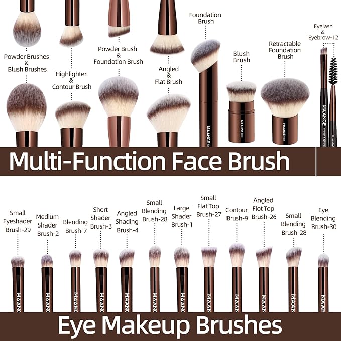 MAANGE 20 PCS Foundation Makeup Brush Set, Double-ended Kabuki Contour Brush for Liquid Powder Concealer Blending Blush Face Makeup Tools (Coffee)