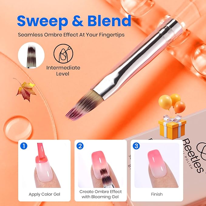Beetles Blooming Gel and Nail Art Brushes Set - Ombre Nail Brush Gradient Stipple Clean Up Fingernail Art Pens and Silicone Dotting Tool for Gel Polish Marble Blush Chrome DIY Manicure Designs