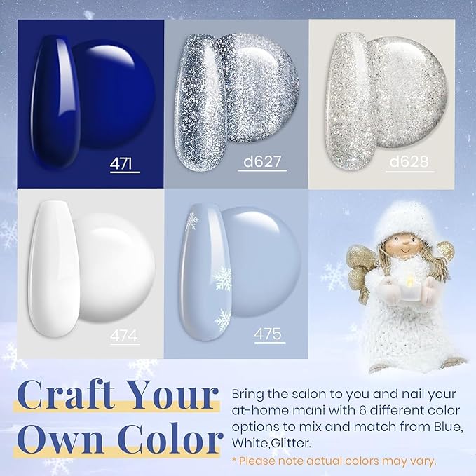 Beetles 6 Pcs Winter Christmas Gel Nail Polish Set- 5 Colors Glitter White Blue Silver Gel Polish Kit with Strengthener Reinforcement Nail Sticker Snowflakes Soak off UV LED Lamp Gifts for Girls