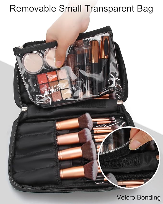 Relavel Extra Large Makeup Case with Makeup Brush Bag, Travel Makeup Train Case Professional Makeup Artist Bag Portable Nail Organizer Box Art Supply Case (Black with Makeup Brush Bag)
