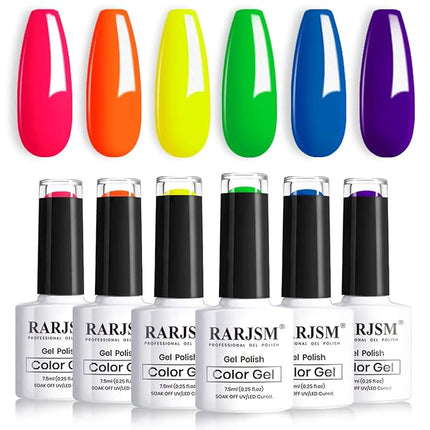 RARJSM Neon Gel Polish Set, Hot Pink Nailpolish,Yellow Green Purple Blue Orange Gel Nail Polish, Spring Summer Color Nail Polish Kit, Curing Required,6 PCS 7.5ML Nail Art