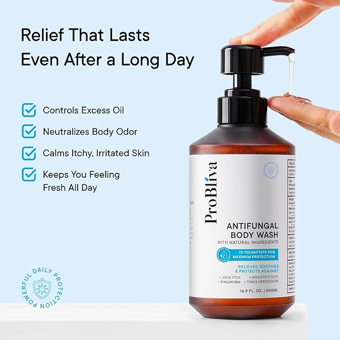 Antifungal Body Wash Treatment Soap – Antibacterial Wash for Jock Itch, Ringworm, Back Acne, Tinea & Foot Odor – Medicated Skin Relief Cleanser Gel with Tea Tree Oil & Tolnaftate for Men and Women