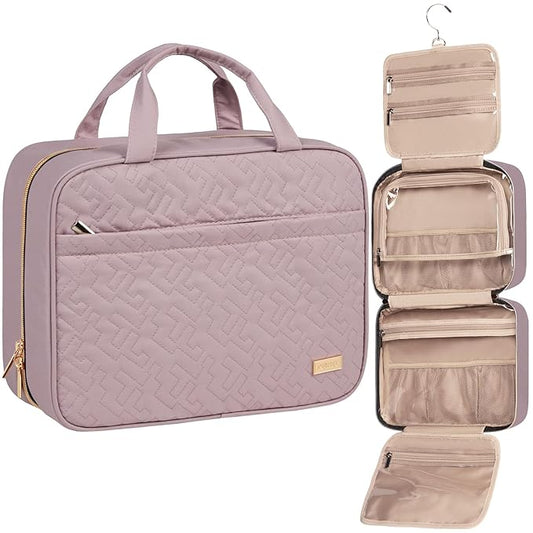 NISHEL Travel Toiletry Bag for women, Portable Hanging Organizer for Full-Sized Shampoo, Conditioner, Brushes Set, Makeup Accessories, Large Size, Peach Pink