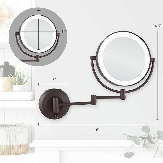 Zadro 11" LED Wall Mounted Makeup Mirror 10X/1X Shaving Mirror Cordless or Battery Operated Vanity Mirrors for Wall (Large | 10X/1X | 11" x 14.5", Oil-rubbed Bronze)