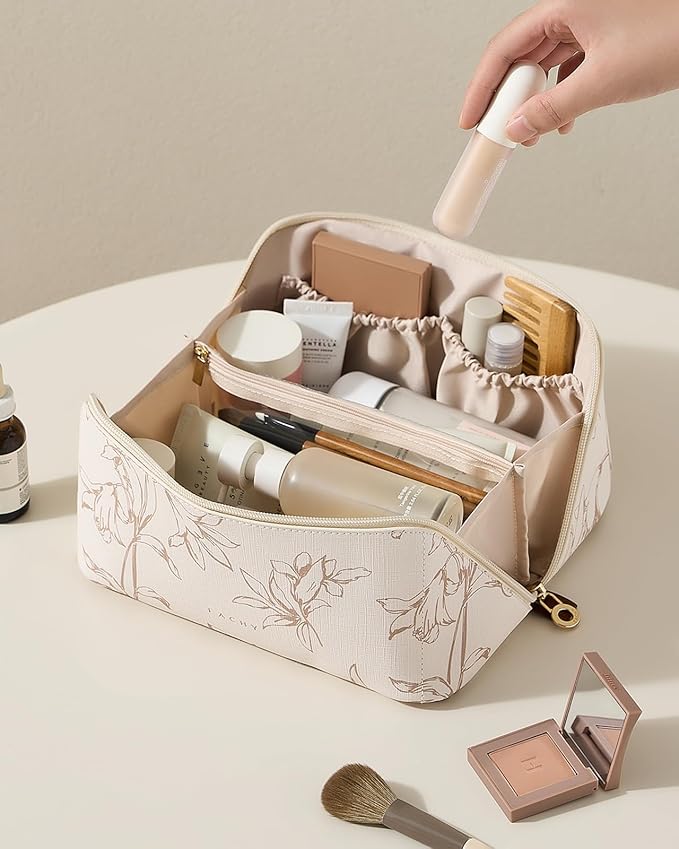 EACHY Travel Makeup Bag, Large Capacity Cosmetic Bags for Women, Waterproof Portable Pouch Open Flat Toiletry Bag Pattern Make up Bag (F-Beige)