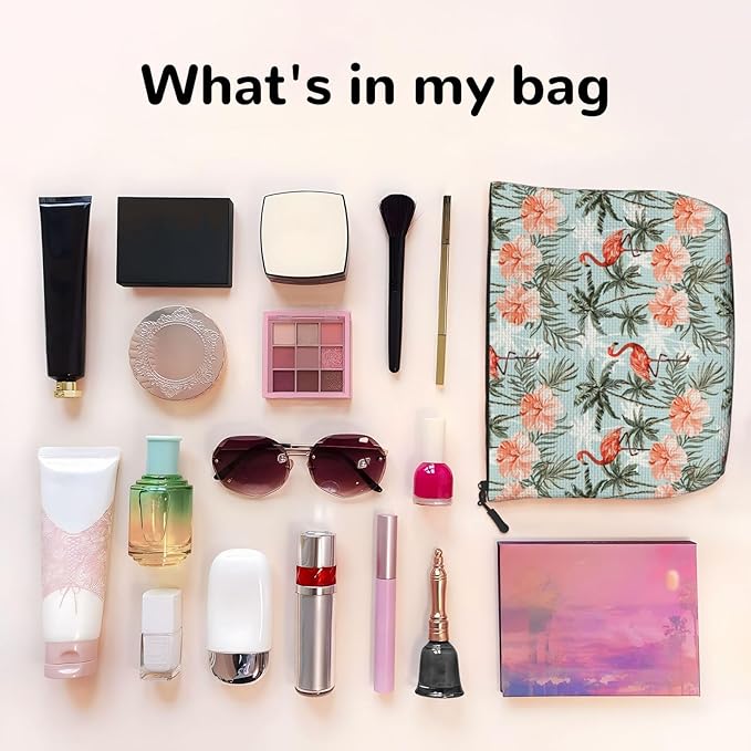 MOLAIGIN Hawaiian Flamingo Palm Trees Cosmetic Bag For Women, Travel Makeup Bag, Toiletry Zipper Bag, Large Capacity Aesthetic Cases