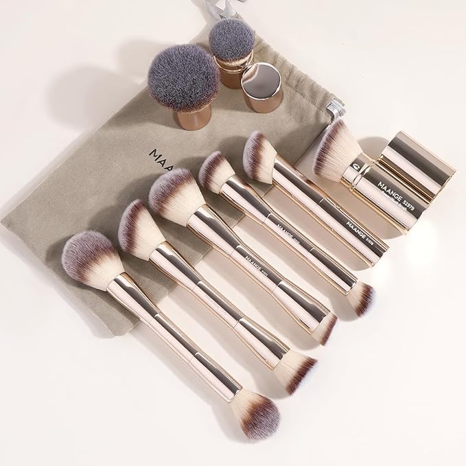 MAANGE 8 Pcs Makeup Brushes with Bag, Double-End Multi-functional Makeup Brushes for Blending Liquid Powder Concealer Cream Blush Buffe (Gold)
