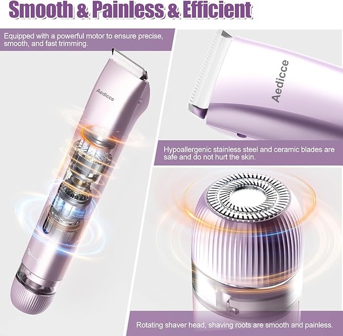 Bikini Trimmer for Women 2 in 1, Dual Head Womens Electric Shaver, Electric Razors for Pubic Hair, IPX7 Waterproof Rechargeable Facial Hair Removal for Shaving Underarm Leg Arm Body Face, Purple