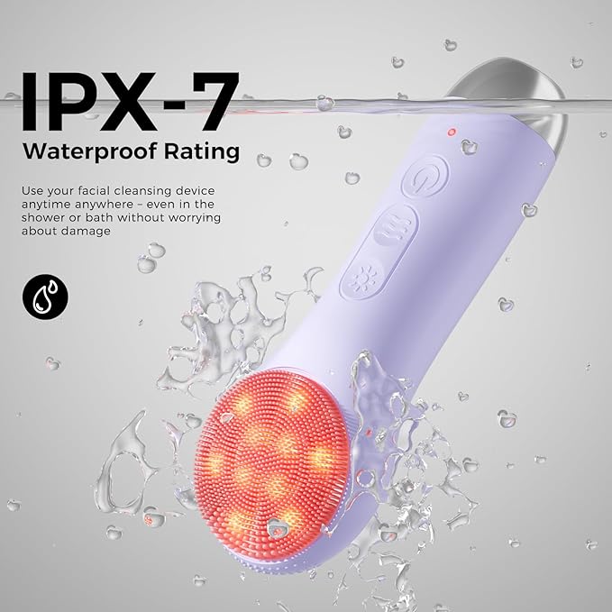 Facial Cleansing Brush Face Scrubber - Rechargeable Electric Face Cleansing Brush with 4 LED Gentle Light Liquid Silicone Modes Exfoliator,IPX7 Waterproof Ideal Gift for Men and Women-Purple