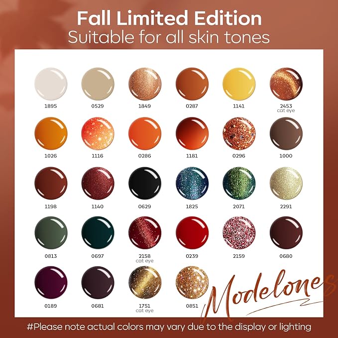 modelones 32 PCS Fall Gel Nail Polish Set, 28 Colors Gel Polish with No Wipe Base Coat, Glitter & Glossy & Matte Top Coat Yellow Orange Brown Nude Glitter Soak Off LED Nail Art Kit Salon at Home