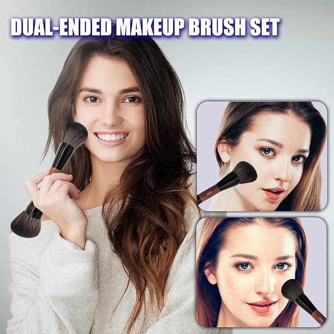 JILIER Double Ended Blush Powder Brush, Duo Bronzer Brush Highlighter, Foundation Contour Brush, for Liquid, Cream, Powder,Blending, Buffing –Premium Bristles, Natural Wood Handle makeup brushes