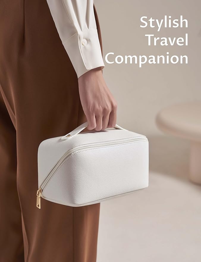 Yarnic White Travel Makeup Bag Cosmetic Bag Make Up Pouch, Large Capacity Toiletry Bag for Women, Portable Pouch Cute Make Up Organizer with Divider and Handle, PU Leather