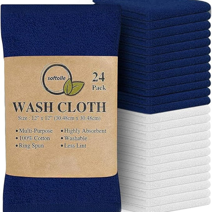 Softolle 100% Cotton Washcloths 24 Pack (12x12 Inches) Soft, Highly Absorbent Washcloth, Face Towels, Wash Cloths for Face, Ring Spun, Bulk Pack (Navy Blue/White, 24 Pack)