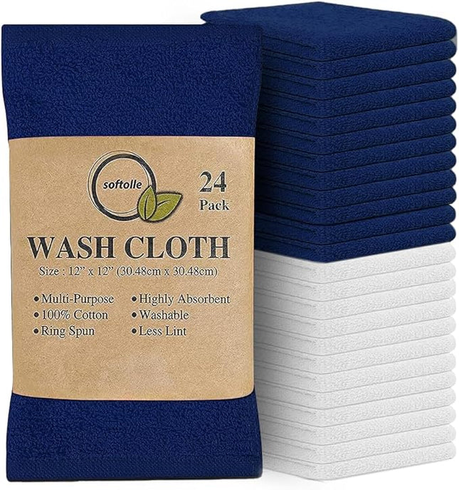 Softolle 100% Cotton Washcloths 24 Pack (12x12 Inches) Soft, Highly Absorbent Washcloth, Face Towels, Wash Cloths for Face, Ring Spun, Bulk Pack (Navy Blue/White, 24 Pack)