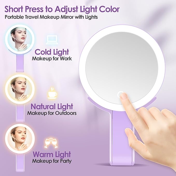 MIYADIVA Magnifying Mirror with Light, Double Sided 30X/1X Lighted Travel Makeup Mirror with Magnification, 3 Color Lighting, Dimmable Touch Screen, Adjustable & Foldable Hand Mirror (Purple)