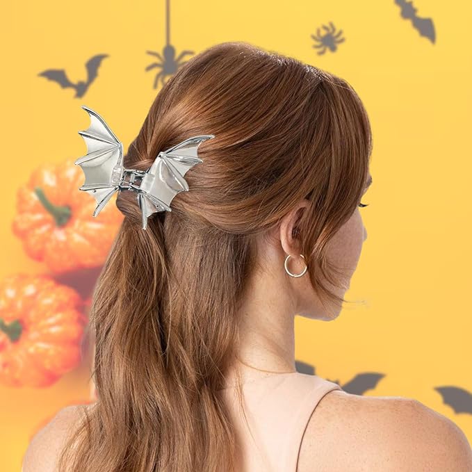 2Pcs Halloween Hair Claw Clips Black and Silver Bat Hair Styling Accessories for Women Girls, Gothic Large Medium Size Catch Clips for thick Hair Holiday Gifts ﻿