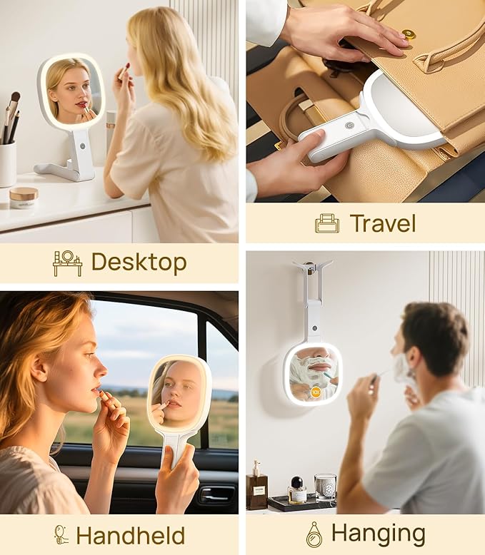 Gospire 6.8" Travel Vanity Mirror, 3-in-1 Hanging/Handheld/Desktop Use with Dual-Side Buttons, 1X/10X Magnification, 3-Color Dimmable LED, Auto Memory + Velvet Pouch (White)