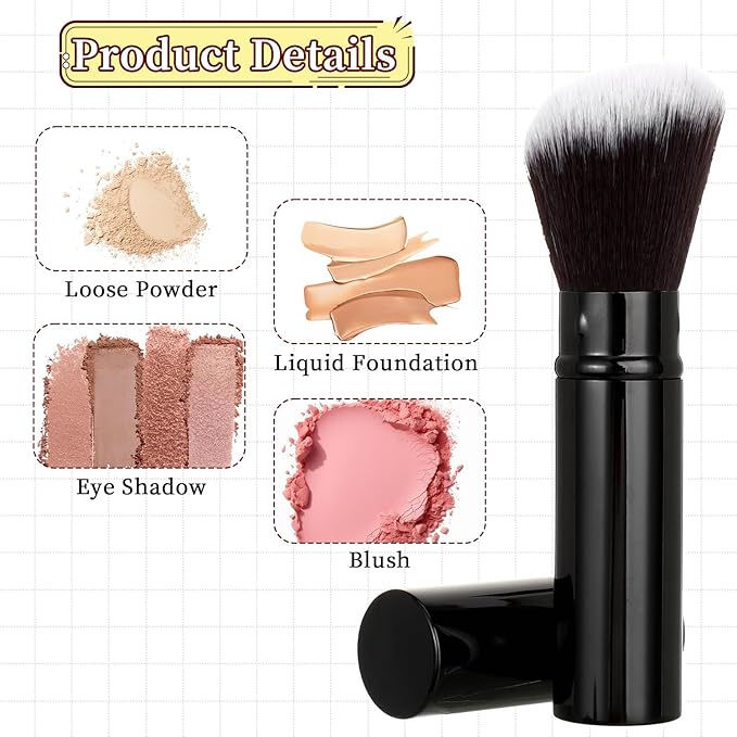 Retractable Makeup Brush, 2 Pcs Portable Kabuki Brush Travel Powder Foundation Brush with Cover Face Blush Brushes Makeup Tools for Blush, Bronzer, Buffing, Loose Powder, Liquid, Cream, Sunscreen