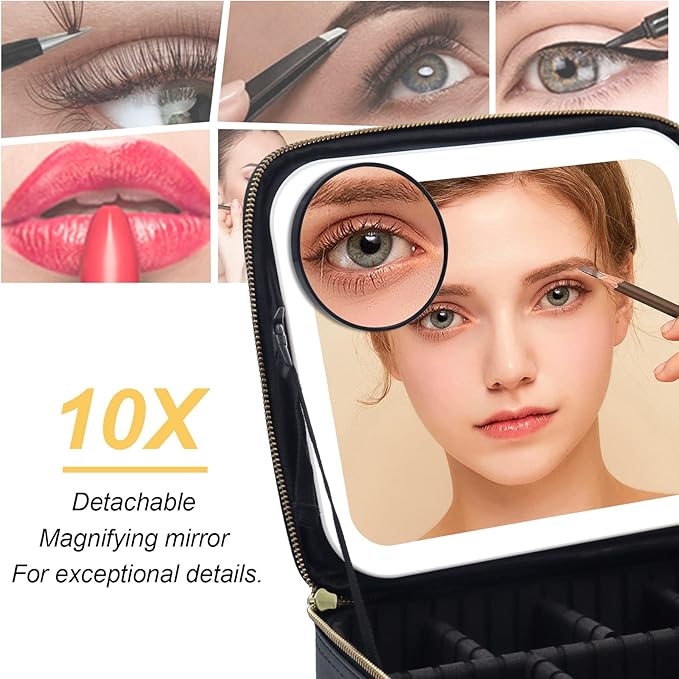 Makeup Case, Lighted Mirror, Travel, Waterproof, Brown